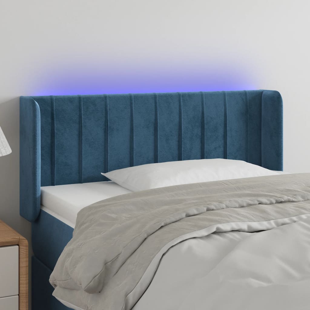 Cabeceira cama c/ luzes LED veludo 103x16x78/88 cm azul-escuro