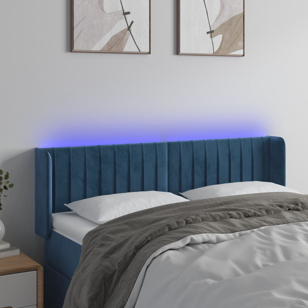 Cabeceira cama c/ luzes LED veludo 147x16x78/88 cm azul-escuro