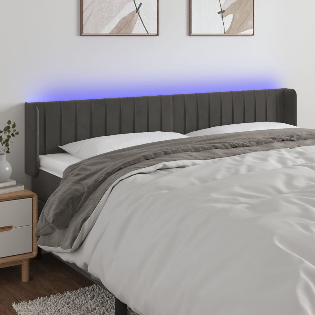 Cabeceira cama c/ luzes LED veludo 203x16x78/88cm cinza-escuro