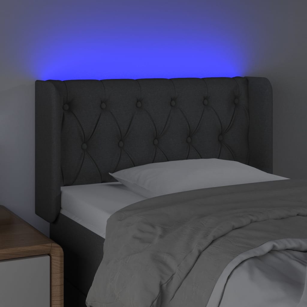 Cabeceira cama c/ luzes LED tecido 83x16x78/88cm cinza-escuro