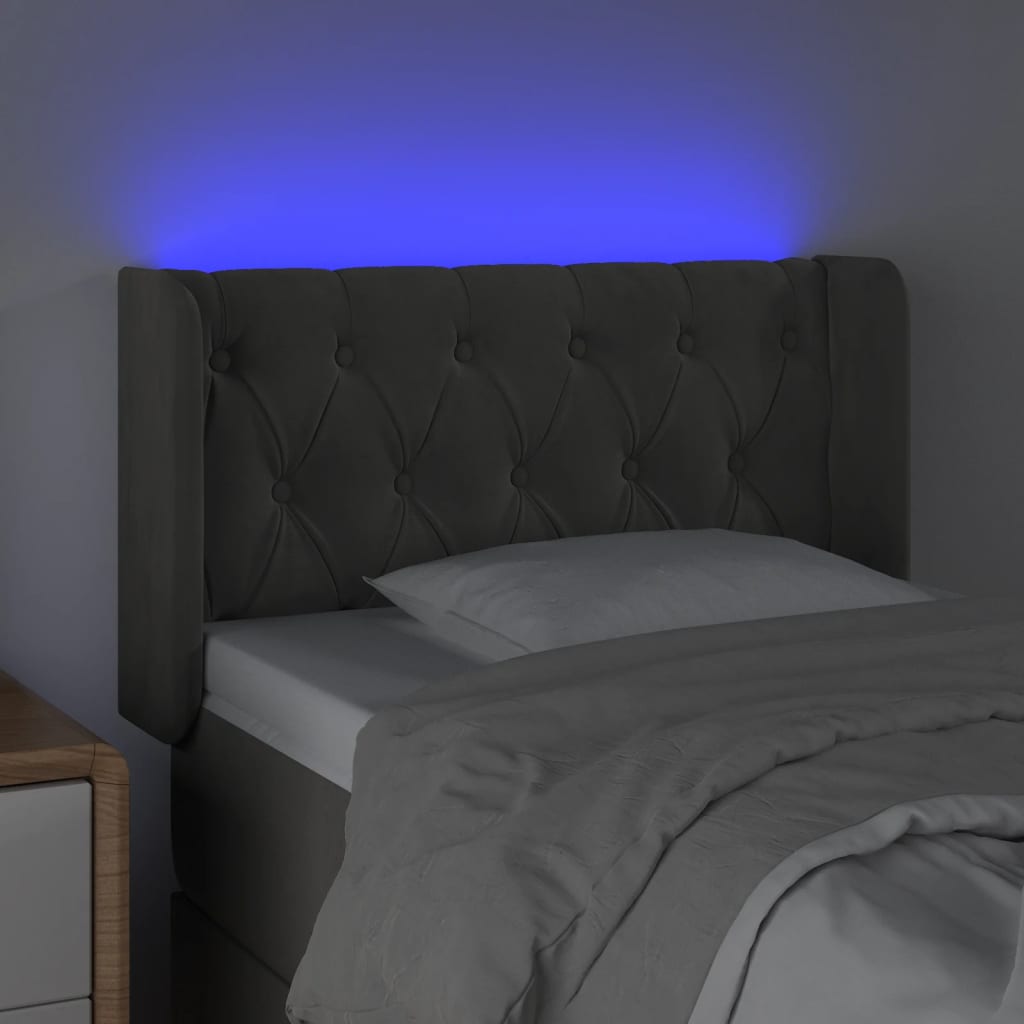 Cabeceira cama c/ luzes LED veludo 83x16x78/88cm cinza-escuro