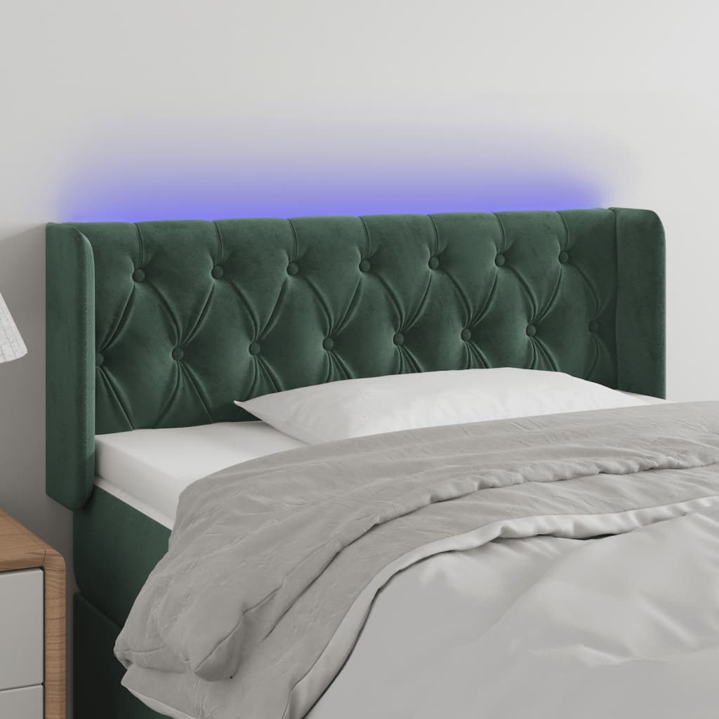 Cabeceira cama c/ luzes LED veludo 103x16x78/88 cm verde-escuro