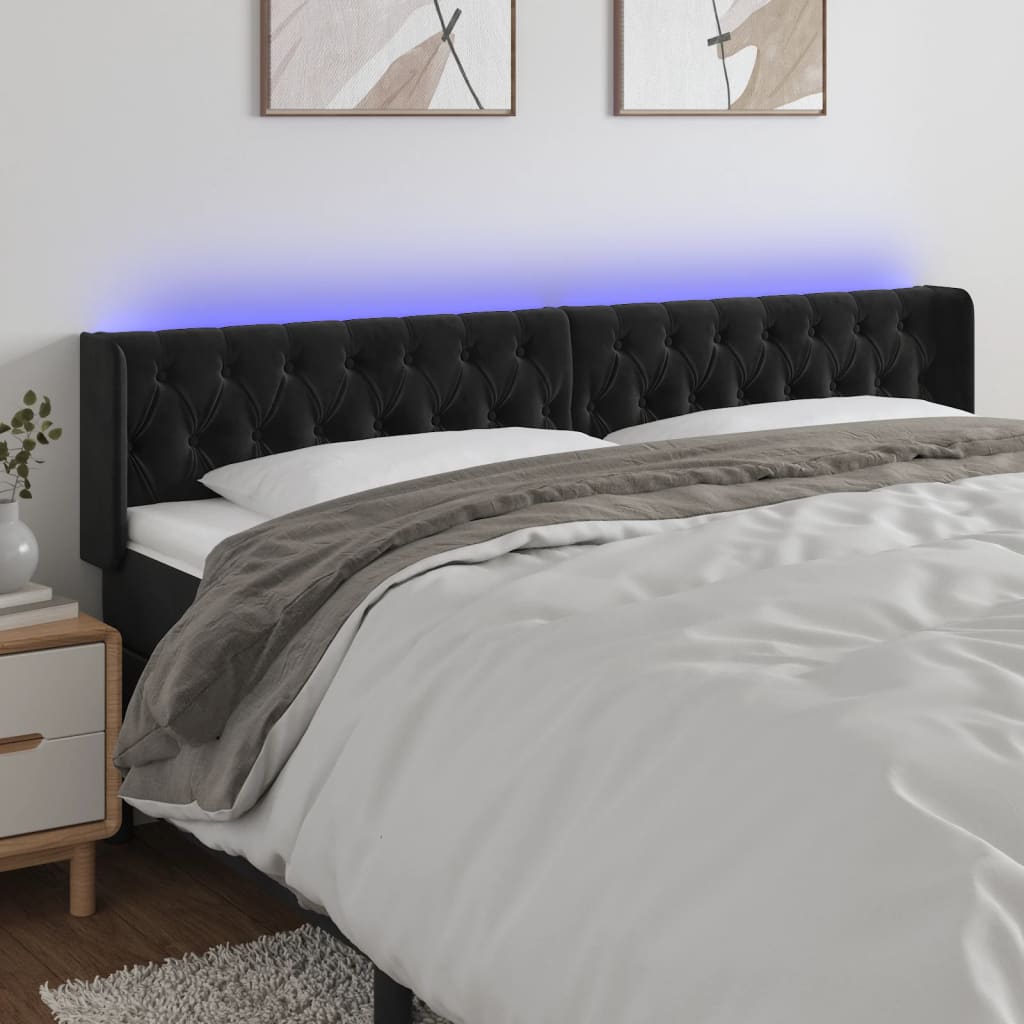 Cabeceira de cama c/ luzes LED veludo 203x16x78/88 cm preto