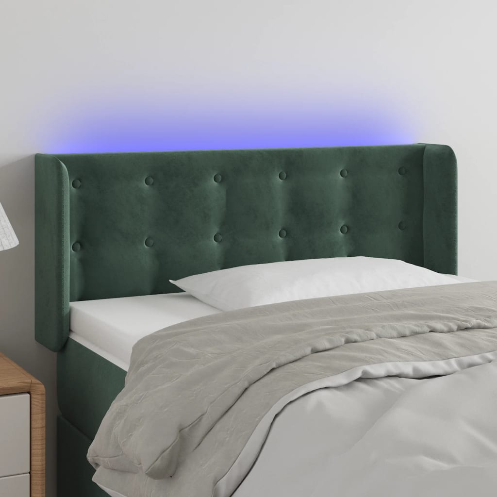 Cabeceira cama c/ luzes LED veludo 93x16x78/88 cm verde-escuro