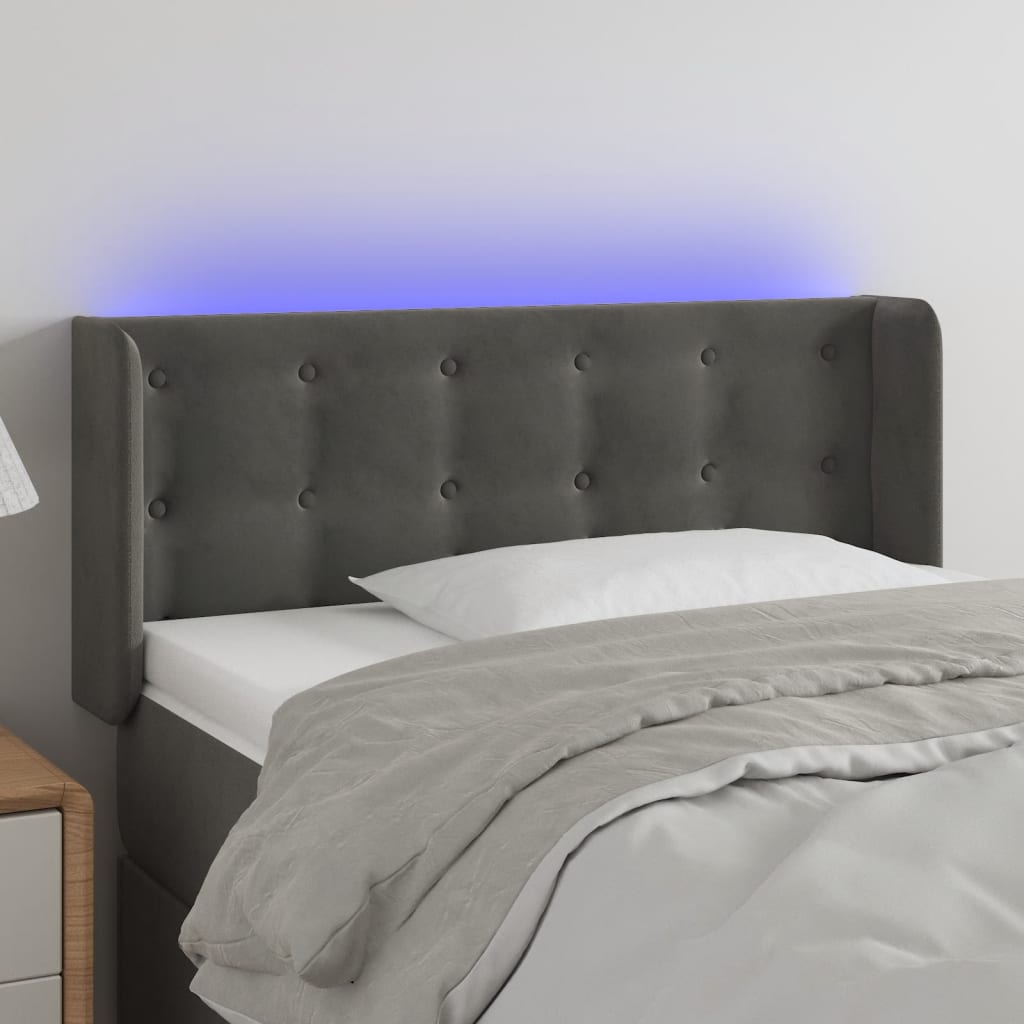 Cabeceira cama c/ luzes LED veludo 103x16x78/88 cm cinza-escuro