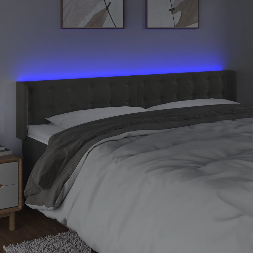 Cabeceira cama c/ luzes LED veludo 183x16x78/88cm cinza-escuro