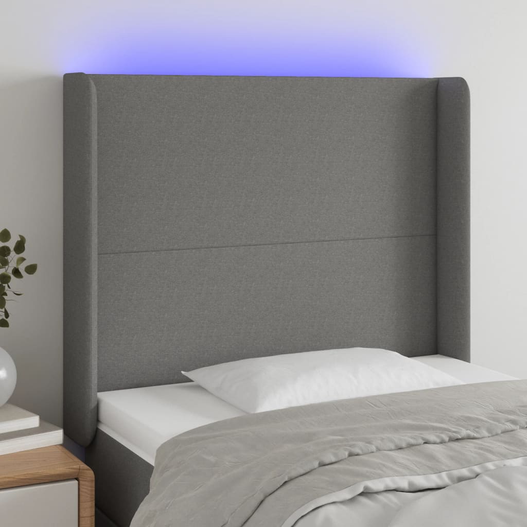 Cabeceira de cama c/ LED tecido 93x16x118/128 cm cinza-escuro