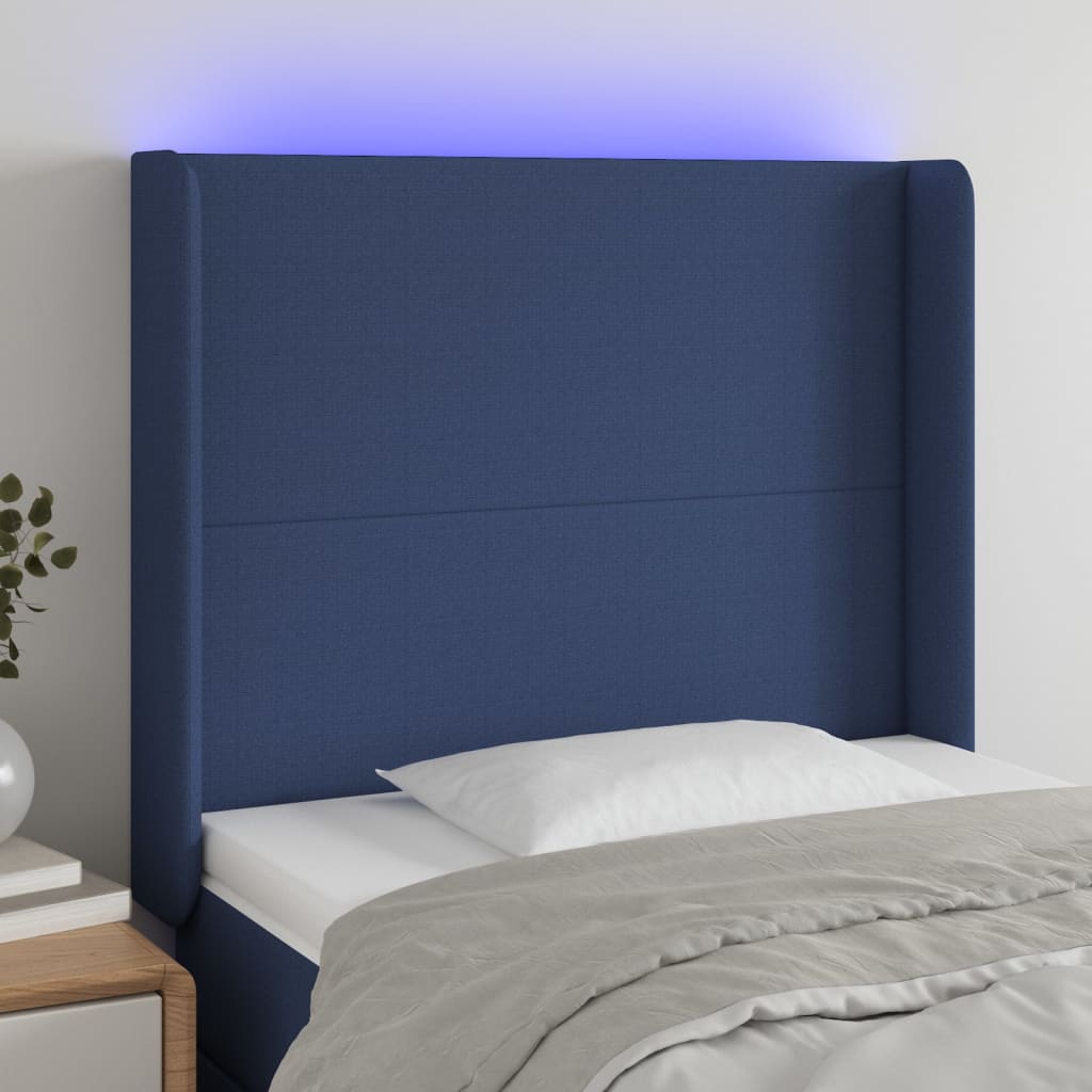 Cabeceira de cama c/ luzes LED tecido 103x16x118/128 cm azul