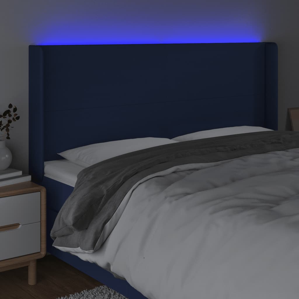 Cabeceira de cama c/ luzes LED tecido 163x16x118/128 cm azul