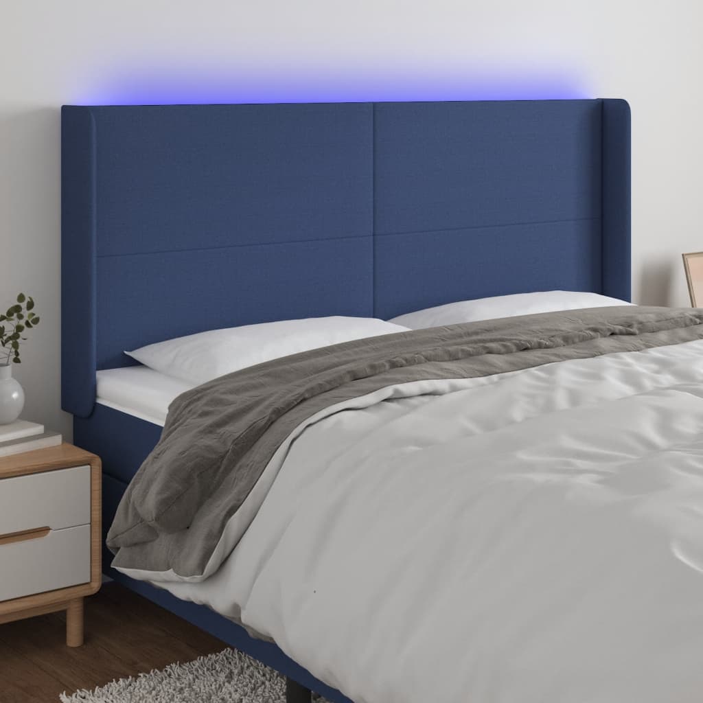 Cabeceira de cama c/ luzes LED tecido 203x16x118/128 cm azul