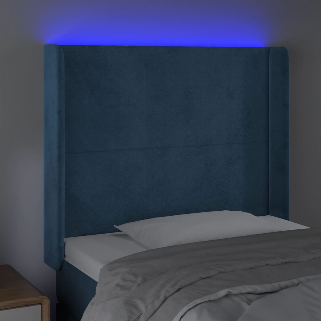 Cabeceira cama c/ luzes LED veludo 83x16x118/128 cm azul-escuro