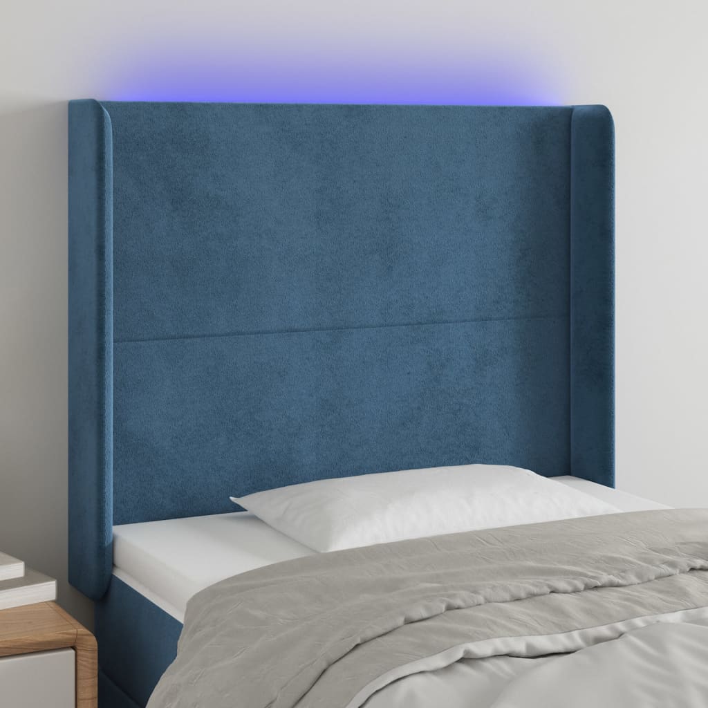 Cabeceira cama c/ luzes LED veludo 103x16x118/128cm azul-escuro