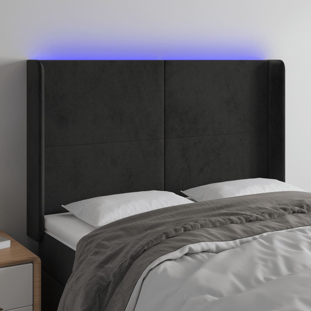 Cabeceira de cama c/ luzes LED veludo 147x16x118/128 cm preto