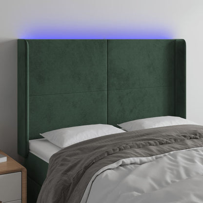 Cabeceira de cama c/ LED veludo 147x16x118/128 cm verde-escuro