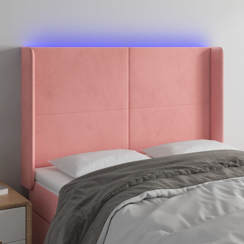 Cabeceira de cama c/ luzes LED veludo 147x16x118/128 cm rosa