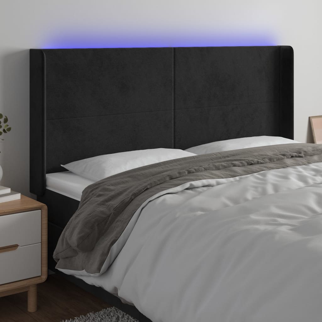 Cabeceira de cama c/ luzes LED veludo 163x16x118/128 cm preto