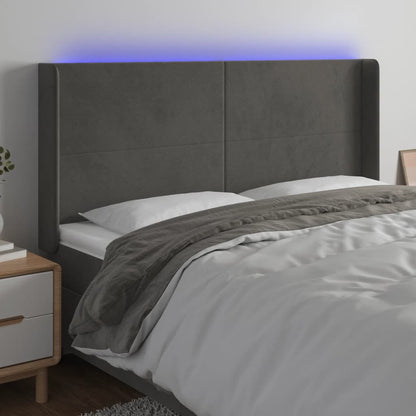 Cabeceira de cama c/ LED veludo 183x16x118/128 cm cinza-escuro