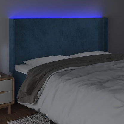 Cabeceira cama c/ luzes LED veludo 183x16x118/128cm azul-escuro