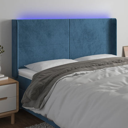 Cabeceira cama c/ luzes LED veludo 183x16x118/128cm azul-escuro