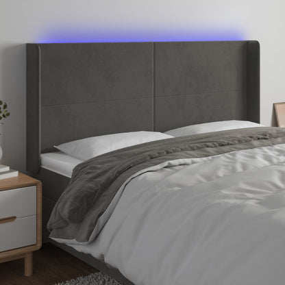 Cabeceira de cama c/ LED veludo 203x16x118/128 cm cinza-escuro