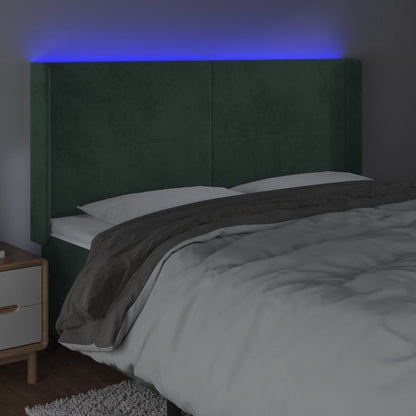 Cabeceira de cama c/ LED veludo 203x16x118/128 cm verde-escuro