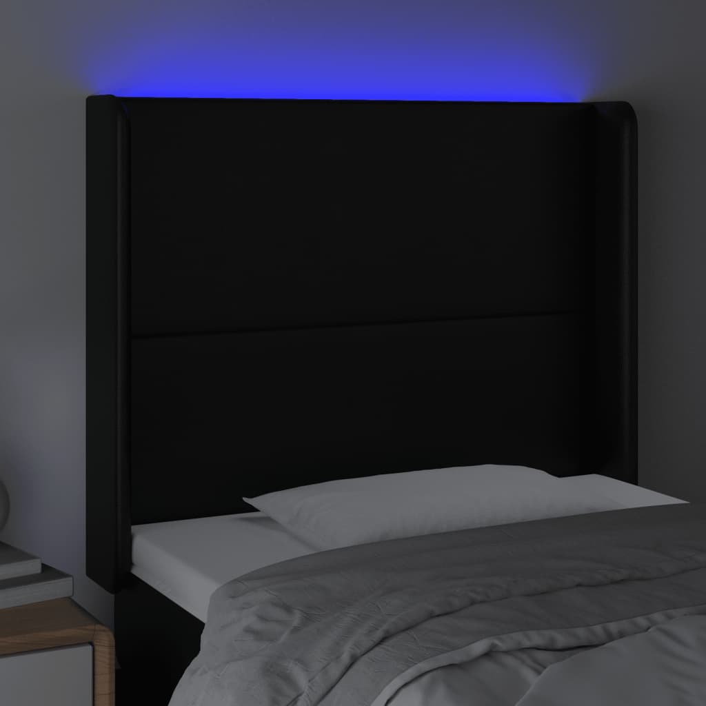 Cabeceira de cama c/ LED couro artificial 93x16x118/128cm preto