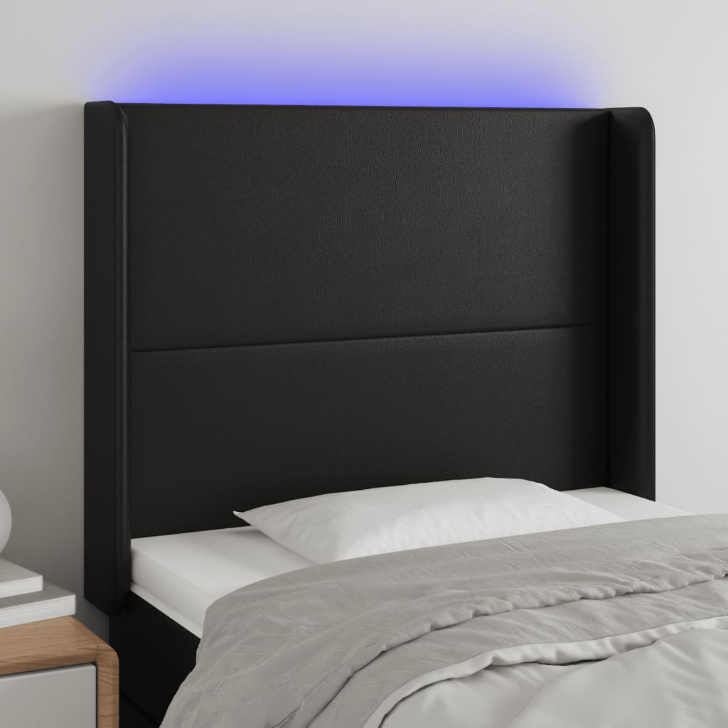 Cabeceira de cama c/ LED couro artificial 93x16x118/128cm preto