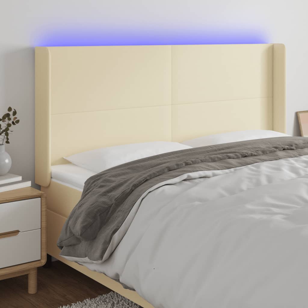 Cabeceira cama c/ LED 163x16x118/128 cm couro artificial crème