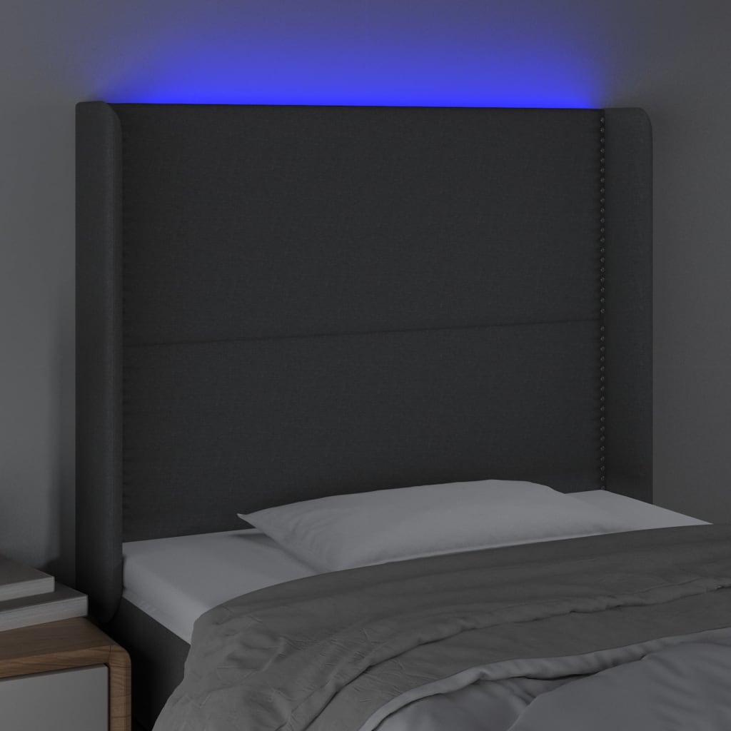 Cabeceira cama c/ luzes LED tecido 83x16x118/128cm cinza-escuro