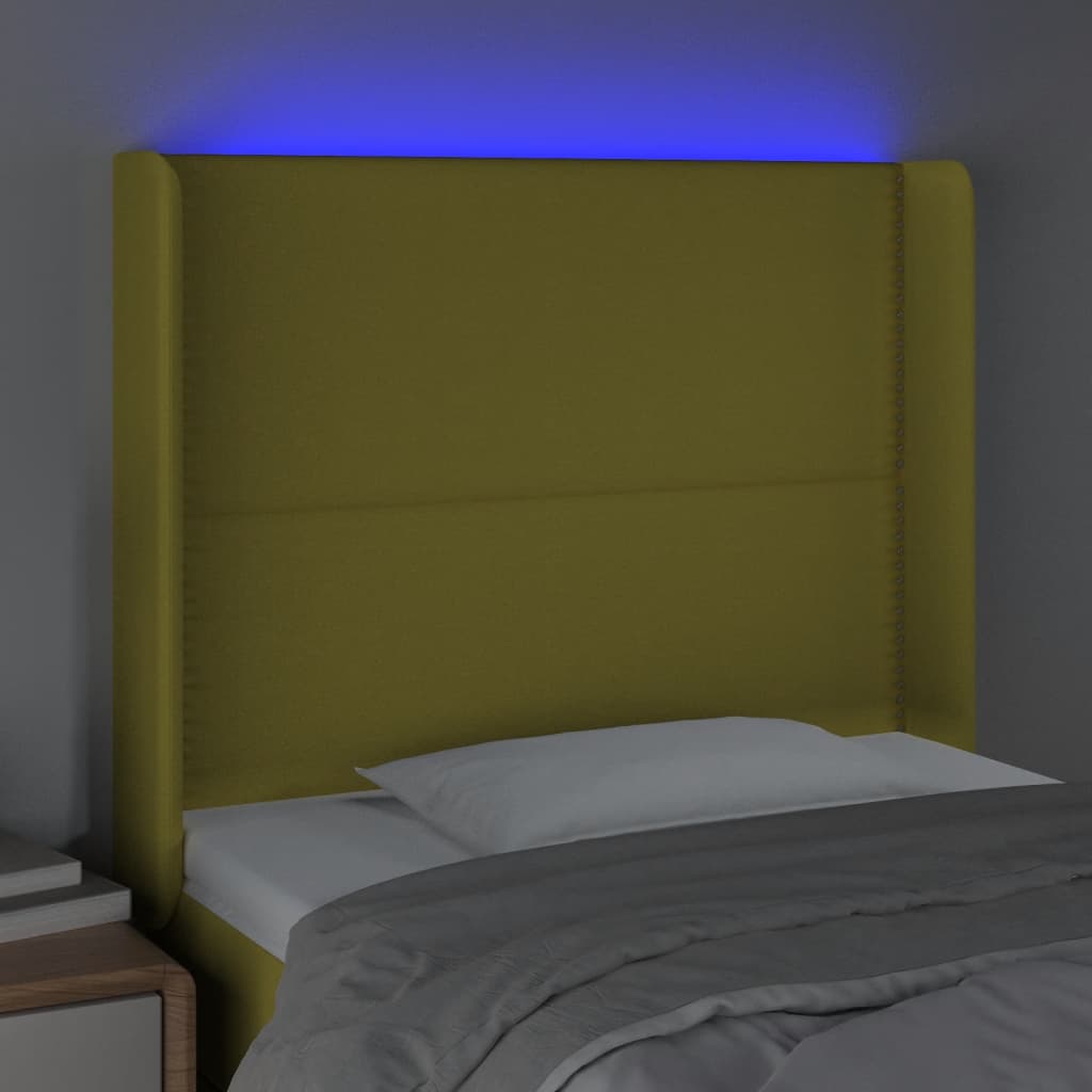 Cabeceira de cama c/ luzes LED tecido 93x16x118/128 cm verde