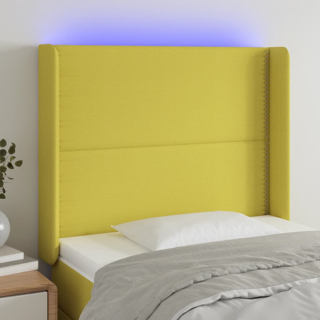 Cabeceira de cama c/ luzes LED tecido 93x16x118/128 cm verde