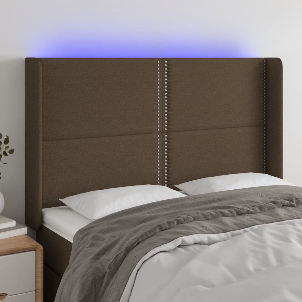 Cabeceira de cama c/ luzes LED tecido 147x16x118/128cm castanho