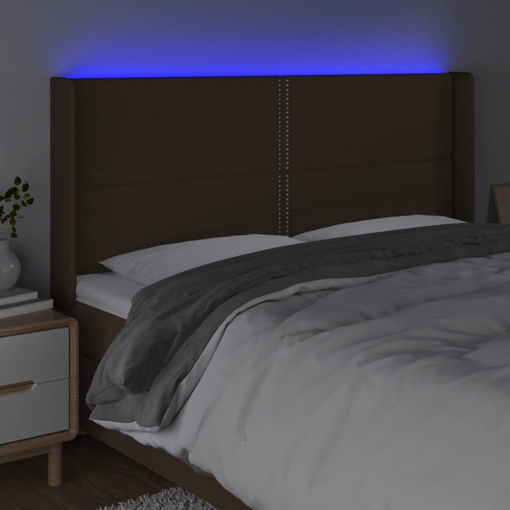 Cabeceira de cama c/ luzes LED tecido 163x16x118/128cm castanho