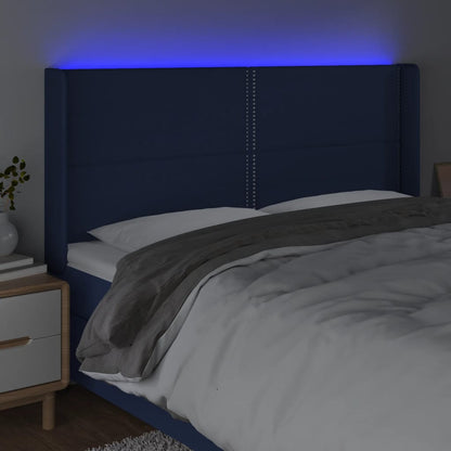 Cabeceira de cama c/ luzes LED tecido 163x16x118/128 cm azul