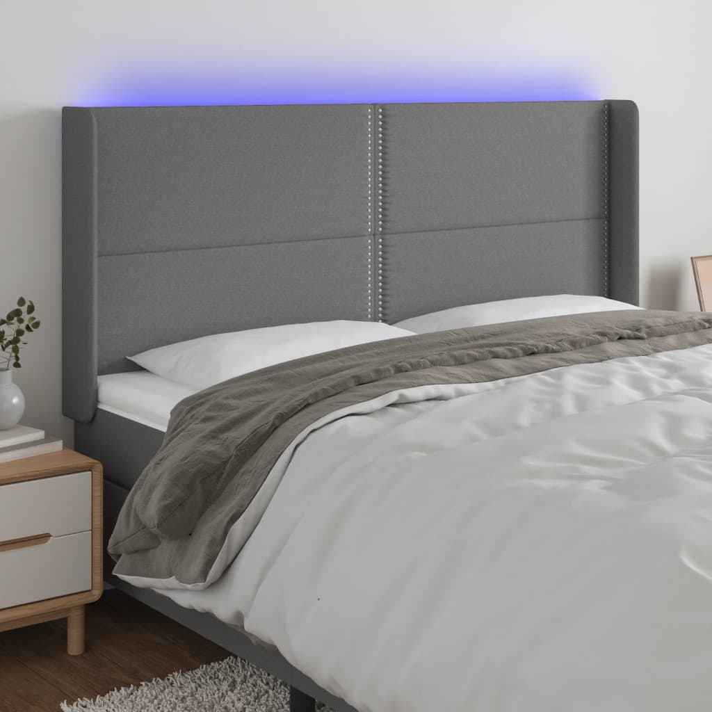 Cabeceira de cama c/ LED tecido 183x16x118/128 cm cinza-escuro