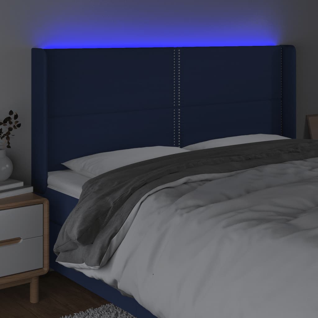 Cabeceira de cama c/ luzes LED tecido 183x16x118/128 cm azul