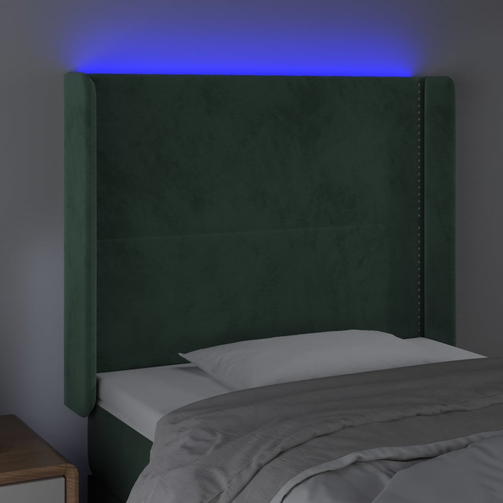 Cabeceira cama c/ luzes LED veludo 83x16x118/128cm verde-escuro