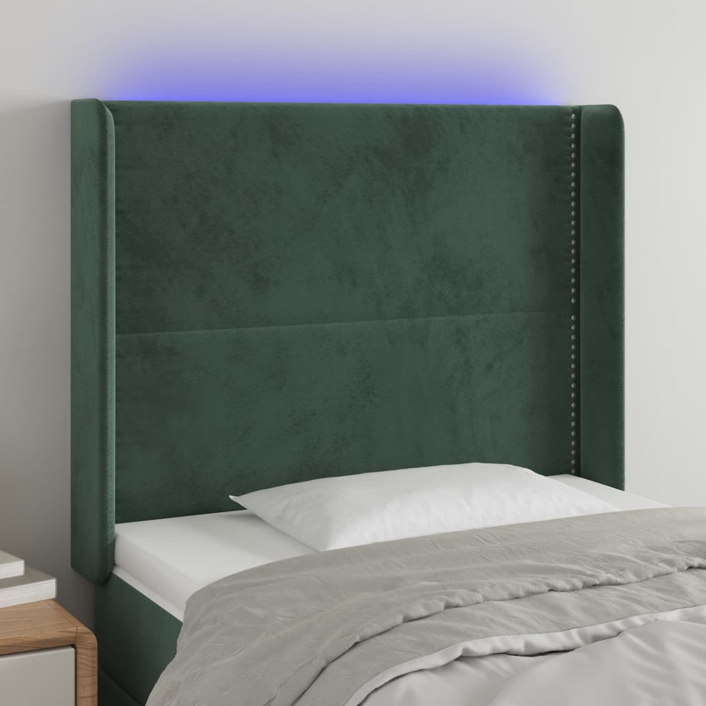 Cabeceira cama c/ luzes LED veludo 83x16x118/128cm verde-escuro