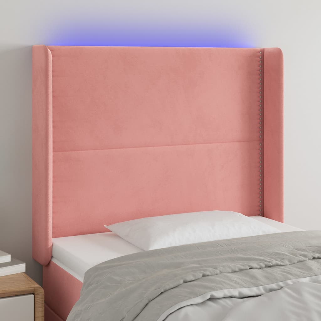 Cabeceira de cama c/ luzes LED veludo 83x16x118/128 cm rosa