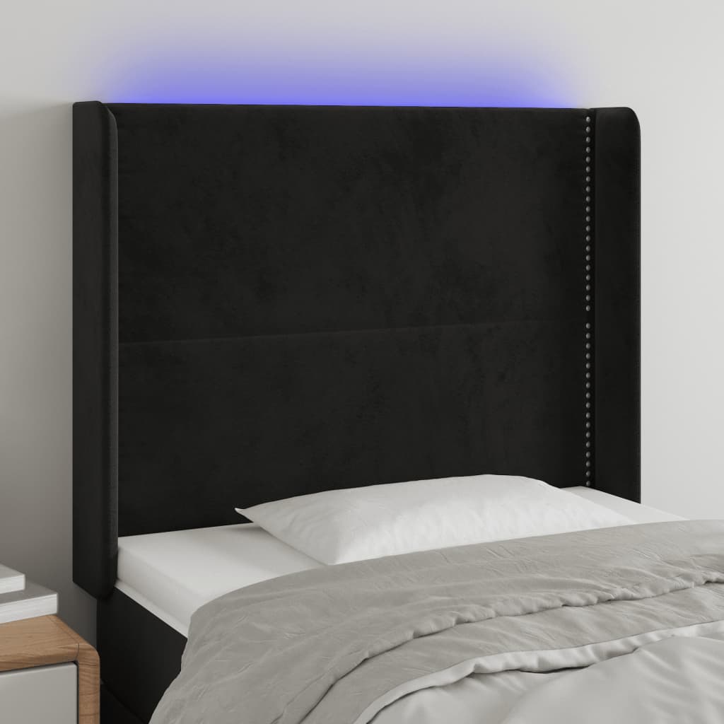 Cabeceira de cama c/ luzes LED veludo 93x16x118/128 cm preto