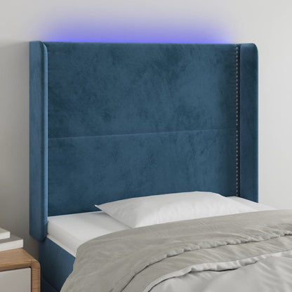 Cabeceira cama c/ luzes LED veludo 93x16x118/128 cm azul-escuro