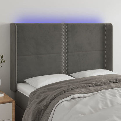 Cabeceira de cama c/ LED veludo 147x16x118/128 cm cinza-escuro