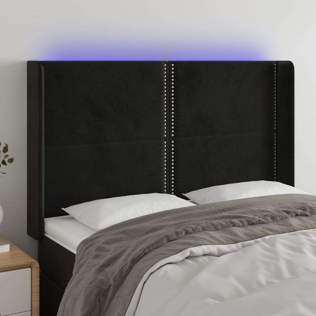 Cabeceira de cama c/ luzes LED veludo 147x16x118/128 cm preto