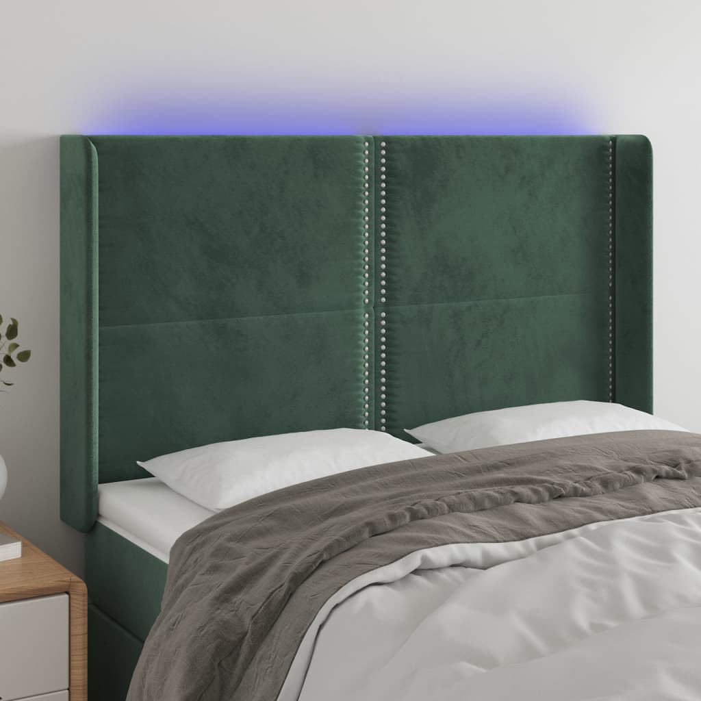 Cabeceira de cama c/ LED veludo 147x16x118/128 cm verde-escuro