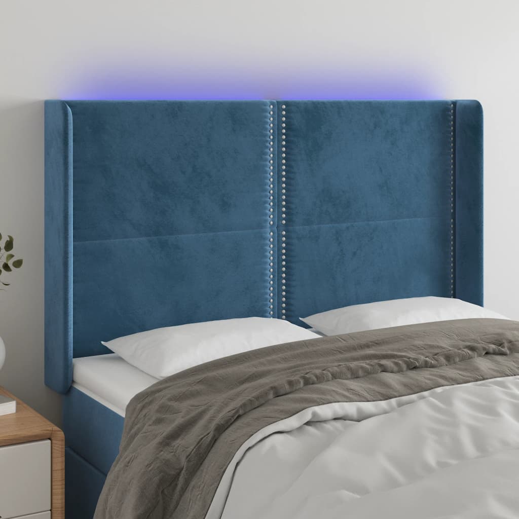 Cabeceira cama c/ luzes LED veludo 147x16x118/128cm azul-escuro