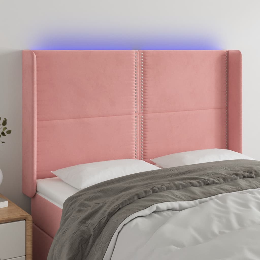 Cabeceira de cama c/ luzes LED veludo 147x16x118/128 cm rosa