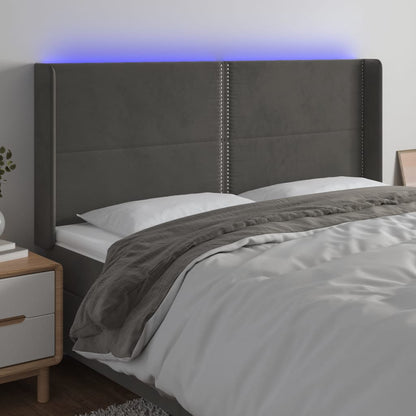 Cabeceira de cama c/ LED veludo 163x16x118/128 cm cinza-escuro