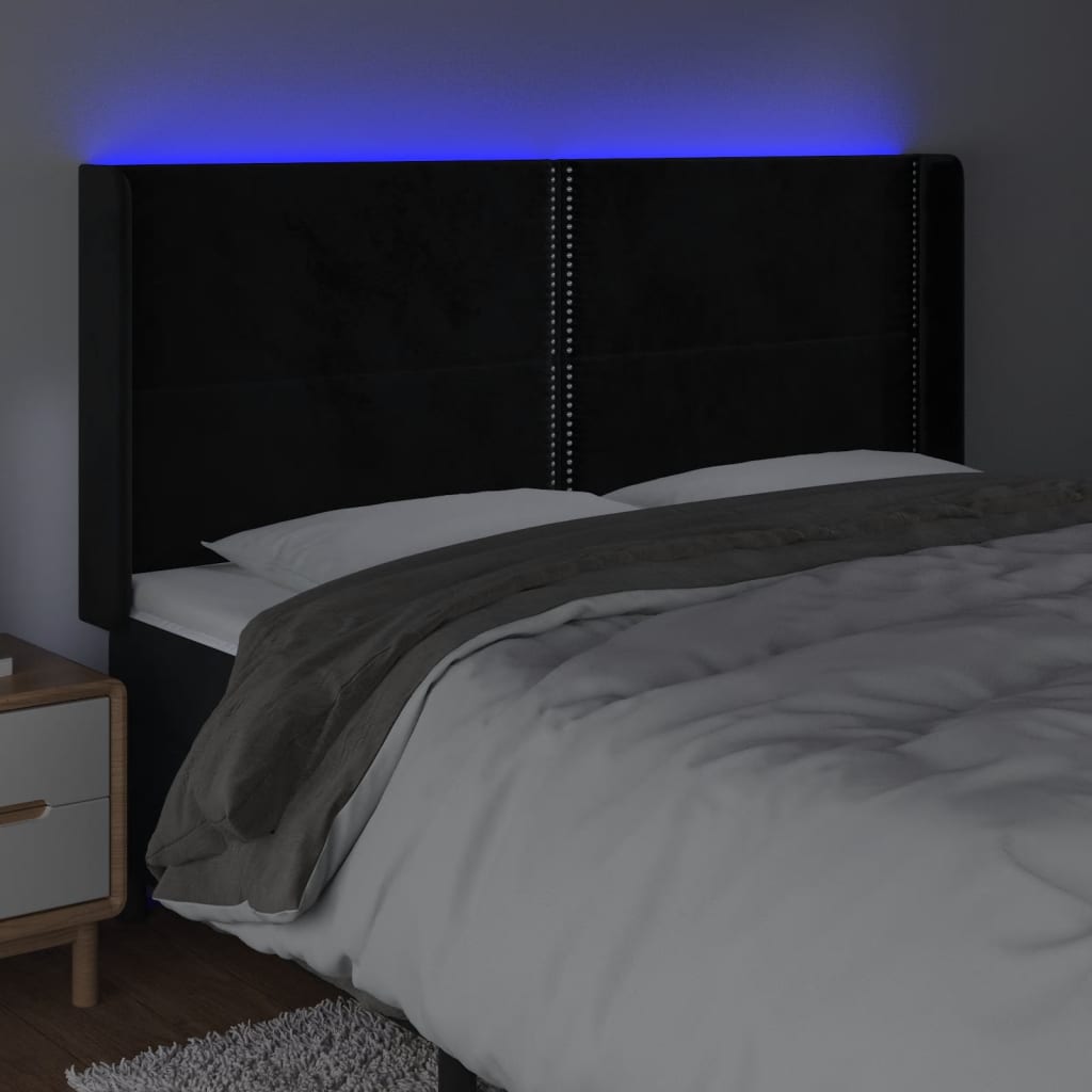 Cabeceira de cama c/ luzes LED veludo 163x16x118/128 cm preto