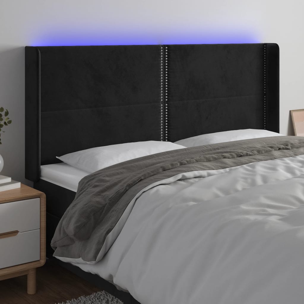 Cabeceira de cama c/ luzes LED veludo 203x16x118/128 cm preto