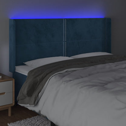 Cabeceira cama c/ luzes LED veludo 203x16x118/128cm azul-escuro